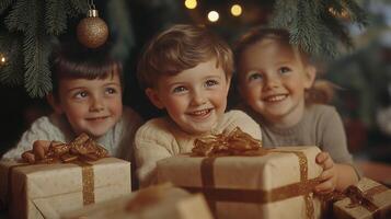 Three adorable children gazing at wrapped gifts under a Christmas tree in a cozy living room photo