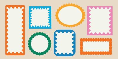 Color squiggle frames set. Zigzag wavy edges, retro squiggle frames, psychedelic rectangles, photo frames, text boxes, tags, labels. Groovy shapes set of wave borders. vector