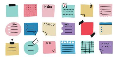 Hand drawn memo paper sheet icon set in flat style. A simple set of colored stickers. Sticky note illustration on isolated background. Memo doodle. A variety of paper stickers. vector