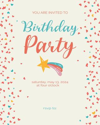 Birthday party invitation template with hearts. Flyer, booklet, leaflet concept with flat illustrations. Page cartoon layout for magazine. Anniversary celebration invitation with text