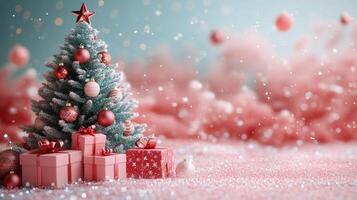 Festively decorated Christmas tree with pink ornaments and gifts on a snowy background photo
