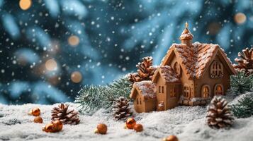 Winter village with snow-covered houses and evergreen trees during sunset photo
