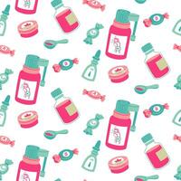 pattern of flat objects for the treatment of colds of various shapes in different containers. Nasal spray, throat spray, vitamins, cough syrup, mint ointment Medical flat preparations seamless texture vector