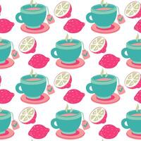 Pattern with a flat illustration of blue cup with tea bag with a whole and half pink lemon. Blue, pink, yellow. Mug with hot tea and citrus fruits, texture a cold. first is to help with a cold vector