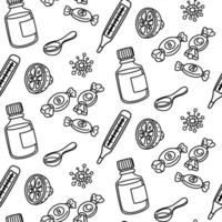 Seamless pattern with doodle elements for the treatment of flu and colds. Syrup, lemon, vitamins in sweets, thermometer, virus. A hand-drawn background for your design dedicated to healthcare vector