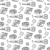 doodle patches pattern. scraps, a roll, piece, pack of adhesive tape, scissors. Elements with a breathable surface. an insulating strip to cover scratches. We cut off a strip of fabric with scissors vector