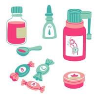 set of flat objects for the treatment of colds of different shapes in different containers. Nasal spray, throat spray, vitamins, cough syrup, mint ointment. Medical flat preparations. variety of items vector