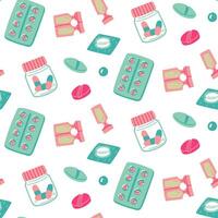 A pattern of flat tablets of different shapes in different containers tablets of different shapes and colors in a collection of flat color illustrations. Seamless medical flat preparations in repeat vector