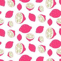 pattern with a flat pink lemon, whole and cut in half. Vitamin C in citrus fruits. seamless texture of unusual bright lemons. healthy pink fruit. Packaging with repeating elements. fall chaotically vector