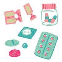 A set of flat pills of different shapes in different containers tablets of different shapes and colors in a flat color collection of illustrations. Medical flat preparations. A variety of items vector