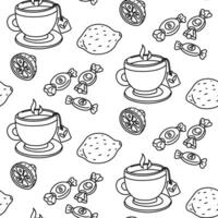 Seamless pattern with doodle elements for the treatment of flu and colds. mug of tea, lemon, vitamins in sweets, a virus. Cold treatment. hand-drawn background for your design dedicated to healthcare. vector