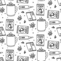 Seamless pattern with doodle elements for the treatment of flu and colds. Including mug with hot drink, powder in a bag, thermometer, virus. hand-drawn background for your design dedicated healthcare vector