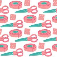 A pattern of colored flat roll of adhesive tape in a roll, scissors and a first aid item. Pink various patches with a perforated surface. Repeating scratch strips and scissors. Seamless texture vector