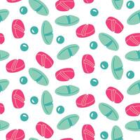 A pattern with various medical pills, capsules in a flat style, painted on the side. Seamless texture of various pill icons, pink and blue in different shapes. hand-drawn colored medicines on a white vector