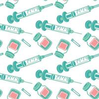 Injection pattern, an empty open syringe with an ampoule for injection. flat texture on medical topics. Seamless injection products in pink, blue colors. illustration design, abstract texture vector