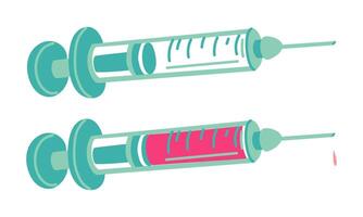 set of illustration of a plastic medical syringe with an open needle. Syringe with and without injection for the concept of medicine and healthcare, isolated on a white background. Pink, blue vector