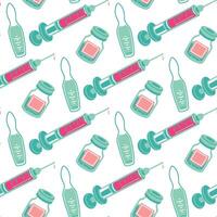 pattern of injections, syringe with different ampoules for injection. flat collection on medical topics. Seamless injection items in pink and blue colors. illustration design, abstract texture vector