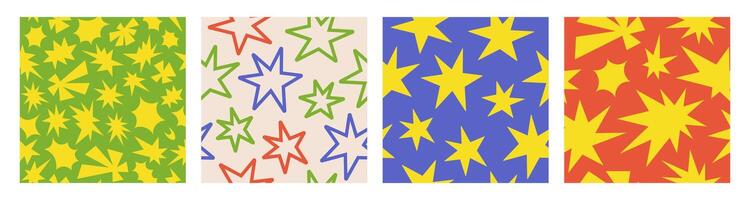 Set seamless patterns with simple groovy stars. Colorful kids print, printable childish texture for wallpaper, fabric, textile, wrapping paper. vector