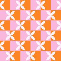 Trendy retro geometric seamless pattern with colorful squares and flowers. Modern abstract background. Pink, orange and white colors. vector
