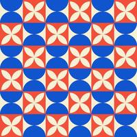 Trendy retro geometric seamless pattern with colorful semicircles, flowers and squares. Modern abstract background. Red, beige and blue colors vector