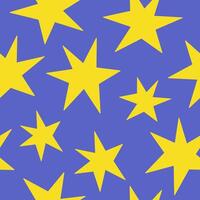 Seamless pattern with simple yellow groovy stars on a blue background. Colorful kids print, printable childish texture for wallpaper, fabric, textile, wrapping paper. vector