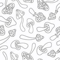 Floral linear seamless pattern with cute mushrooms on a white background. Groovy retro vintage minimal print in style 70s, 80s vector