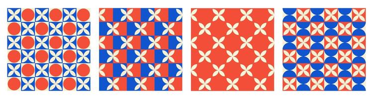 Trendy set retro geometric seamless patterns with colorful semicircles, flowers and squares. Modern abstract background. Red, beige and blue colors vector