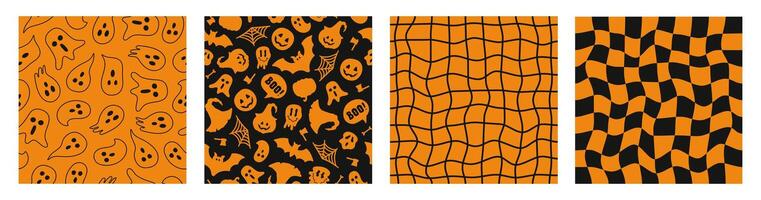 Halloween set seamless patterns with bat, ghost, spider, pumpkin. Checkered linear background. Funny flat silhouette elements. Black and orange colors vector