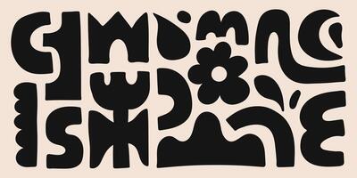 Abstract organic shapes with black geometric cutting doodles. Trendy random figures isolated on a beige background. vector