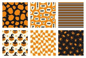 Halloween set seamless patterns with bat, ghost, spider, smile pumpkin. Checkered linear and striped background. Funny flat silhouette elements. Black, beige and orange colors. vector