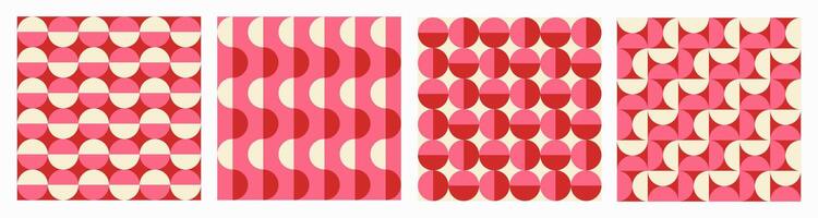 Trendy retro set geometric seamless patterns with colorful semicircles and circles. Modern abstract background. Red, beige and pink colors. vector
