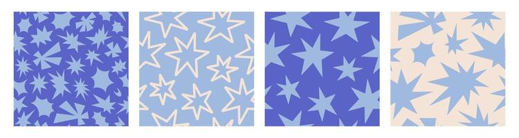 Set monochrome seamless patterns with simple groovy stars. Colorful kids print, printable childish texture for wallpaper, fabric, textile, wrapping paper. Blue and beige colors vector
