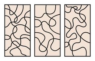 Set of abstract vertical backgrounds with black linear waves on a beige background. Trendy illustration in style retro 60s, 70s. vector