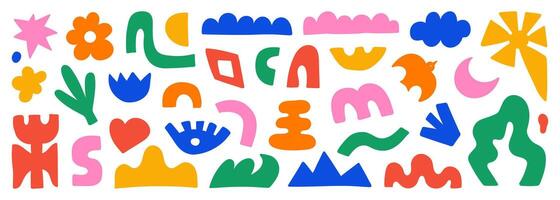 Abstract organic shapes with colorful geometric cutting doodles. Trendy random figures isolated on a white background. Spring background. vector