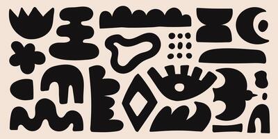 Abstract organic shapes with black geometric cutting doodles. Trendy random figures isolated on a beige background vector