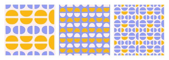 Modern set of abstract geometric seamless patterns with semi circles and circles. Blue, beige and yellow colors vector