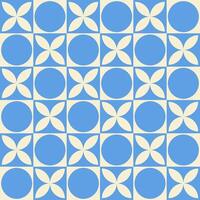 Trendy retro geometric seamless pattern with colorful circles, flowers and squares. Modern abstract background. Blue and beige colors. vector