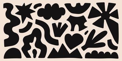 Abstract organic shapes with black geometric cutting doodles. Trendy random figures isolated on a beige background vector