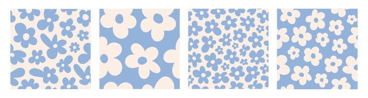 Set seamless patterns with blue groovy daisy flowers on a beige background. Pastel colors vector