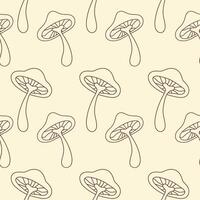 Floral linear seamless pattern with cute mushrooms on a beige background. Groovy retro vintage minimal print in style 70s, 80s vector