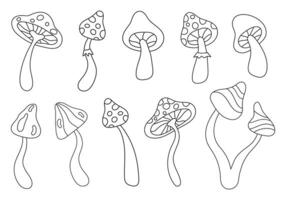 Retro set groovy linear mushrooms isolated on white background. Trendy hippie illustration in style 60s, 70s vector