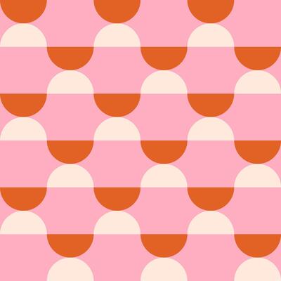 Trendy geometric retro seamless pattern with semicircles on a pink background. Modern abstract background. Pink, orange and beige colors.