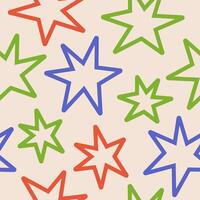 Seamless pattern with simple linear groovy stars on a beige background. Colorful kids print, printable childish texture for wallpaper, fabric, textile, wrapping paper. vector
