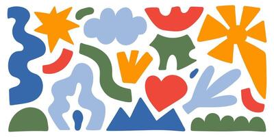 Abstract organic shapes with colorful geometric cutting doodles. Trendy random figures isolated on a white background vector