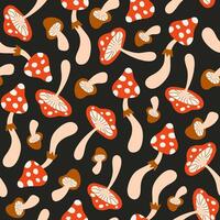 Floral seamless pattern with cute mushrooms on a black background. Groovy retro vintage print in style 70s, 80s. vector