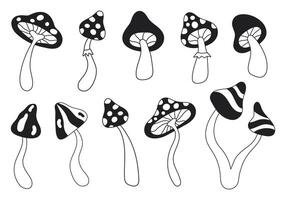 Retro set groovy linear mushrooms isolated on white background. Trendy hippie illustration in style 60s, 70s vector