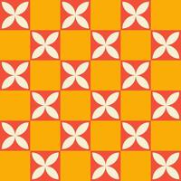 Trendy retro geometric seamless pattern with colorful squares and flowers. Modern abstract background. Red, beige and yellow colors. vector