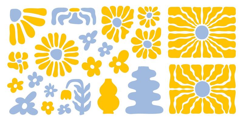 Groovy abstract floral set. Organic doodle shapes isolated on a white background. Trendy retro naive art set. Blue and yellow colors.