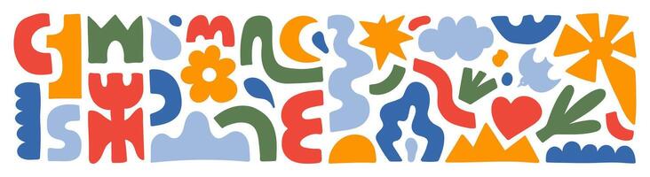 Abstract organic shapes with colorful geometric cutting doodles. Trendy random figures isolated on a white background vector