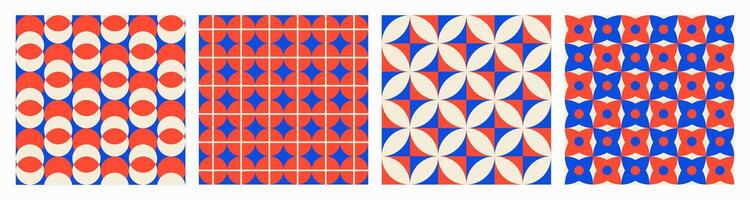 Trendy aesthetic retro set geometric seamless patterns. Modern abstract background. Blue and red colors vector